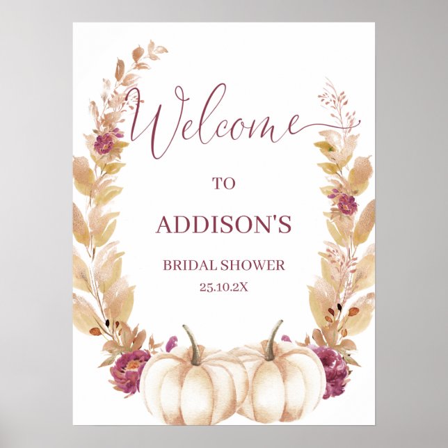 Plum Pumpkin Fall In Love Bridal Shower Welcome Poster (Front)