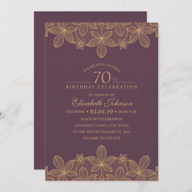 Plum Purple 70th Birthday Party Unique Golden Lace Invitation (Front/Back)
