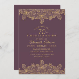 Plum Purple 70th Birthday Party Unique Golden Lace Invitation