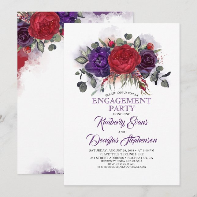Plum Purple and Burgundy Floral Engagement Party Invitation (Front/Back)