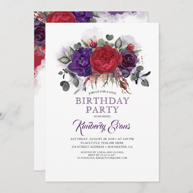 Plum Purple and Burgundy Floral Fall Birthday Invitation (Front/Back)