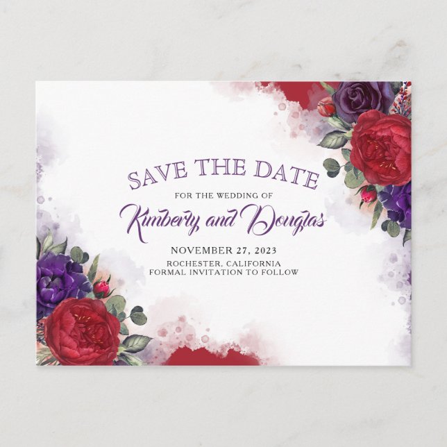 Plum Purple and Burgundy Red Floral Save the Date Announcement Postcard (Front)