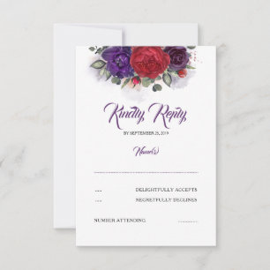 Plum Purple and Burgundy Red Floral Wedding RSVP Card