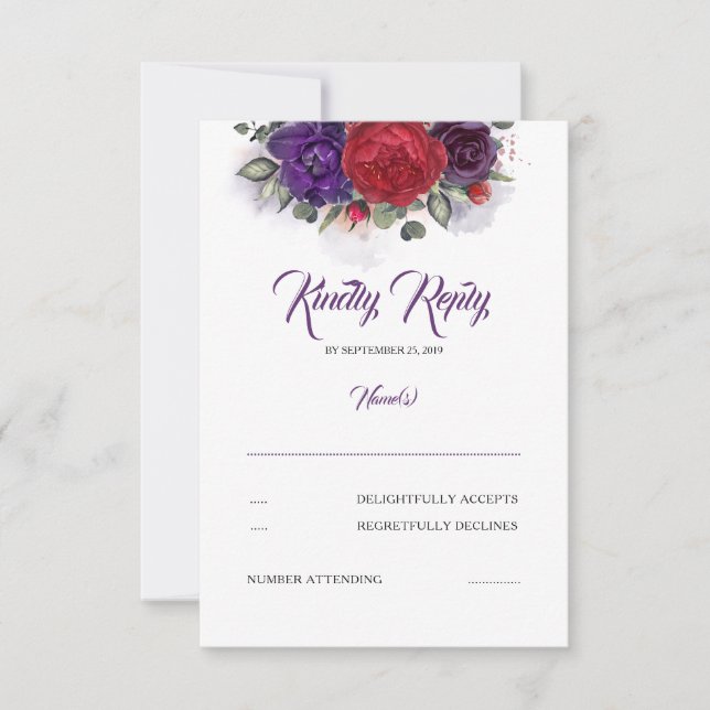 Plum Purple and Burgundy Red Floral Wedding RSVP Card (Front)