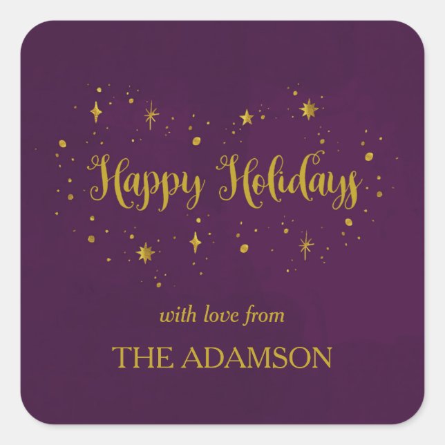 Plum Purple and Gold Happy Holidays Square Sticker (Front)