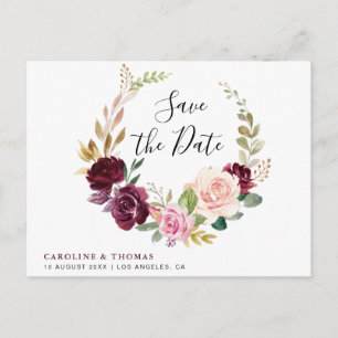plum purple and peach floral save the date postcard