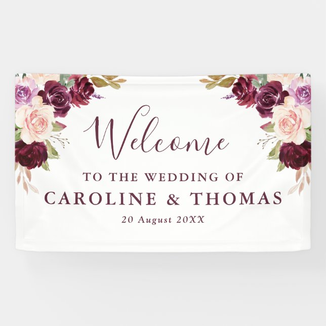 Plum purple and peach floral welcome wedding banner (Horizontal)