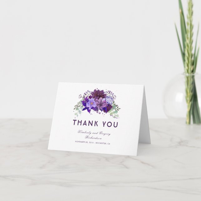 Plum Purple and Violet Floral Wedding Thank You Card (Front)