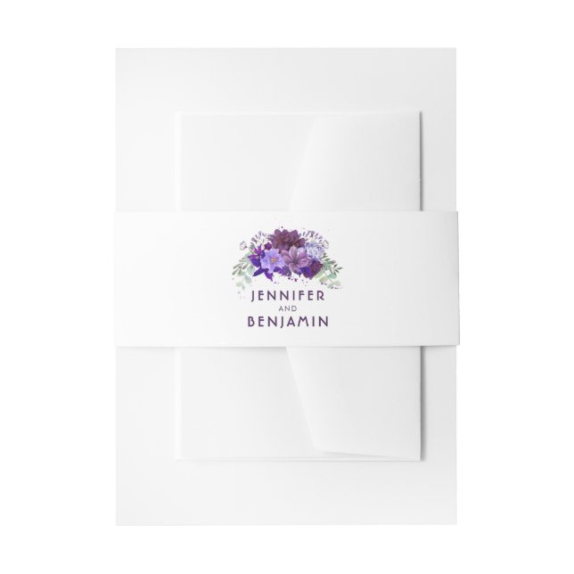 Plum Purple and Violet Flowers Wedding Invitation Belly Band (Front Example)