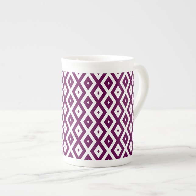 Plum purple and white diamond pattern bone china mug (Front Right)