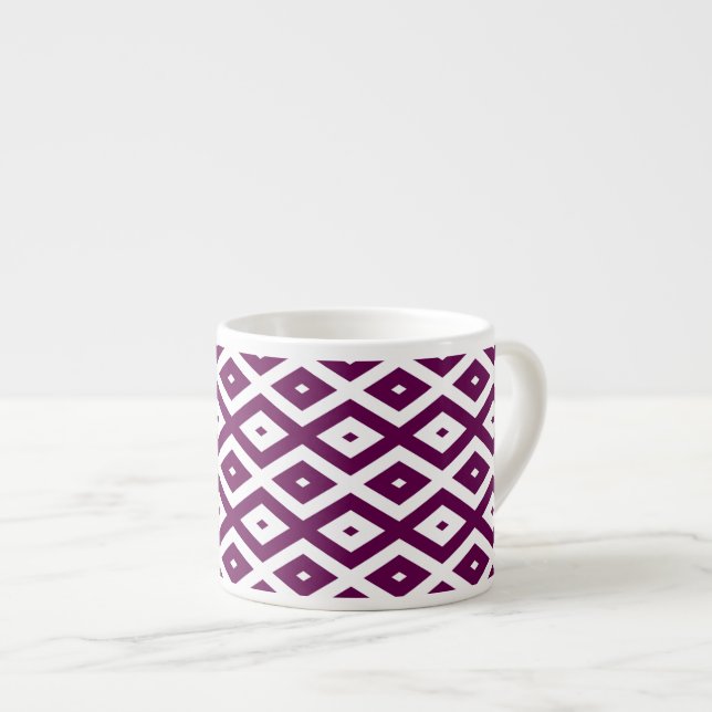 Plum purple and white diamond pattern espresso cup (Front Right)
