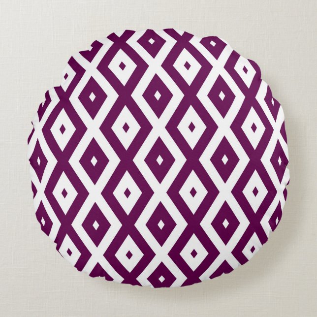 Plum purple and white diamond pattern round cushion (Front)
