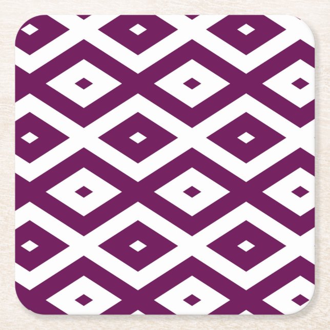 Plum purple and white diamond pattern square paper coaster (Front)