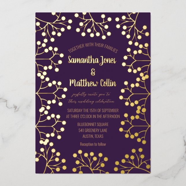 Plum Purple Baby's Breath Floral Gold Foil Wedding (Front)