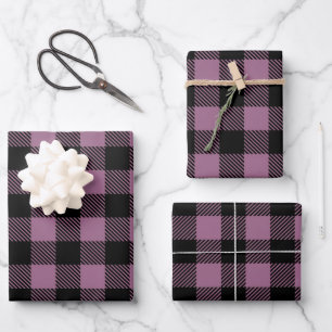 Plum Purple Black Buffalo Check Plaid Pattern Wrapping Paper Sheet
