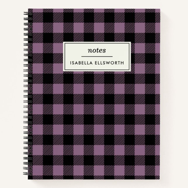 Plum Purple Black Buffalo Check Plaid Personalised Notebook (Front)