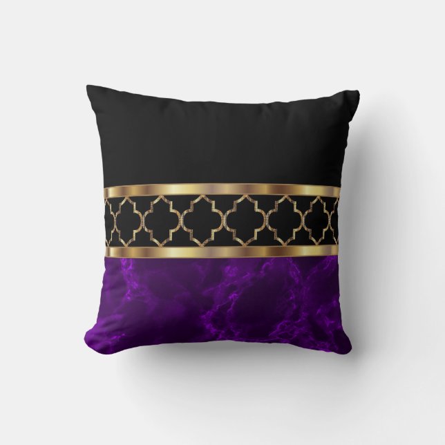 Plum Purple, Black & Gold Quatrefoil Cushion (Front)