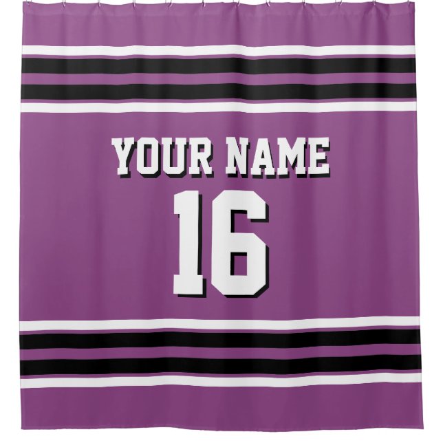 Plum Purple Black White Stripes Sports Jersey Shower Curtain (Front)
