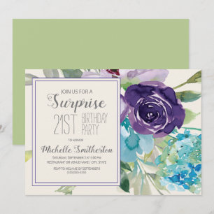 Plum Purple Blue Floral Surprise 21st Birthday Invitation