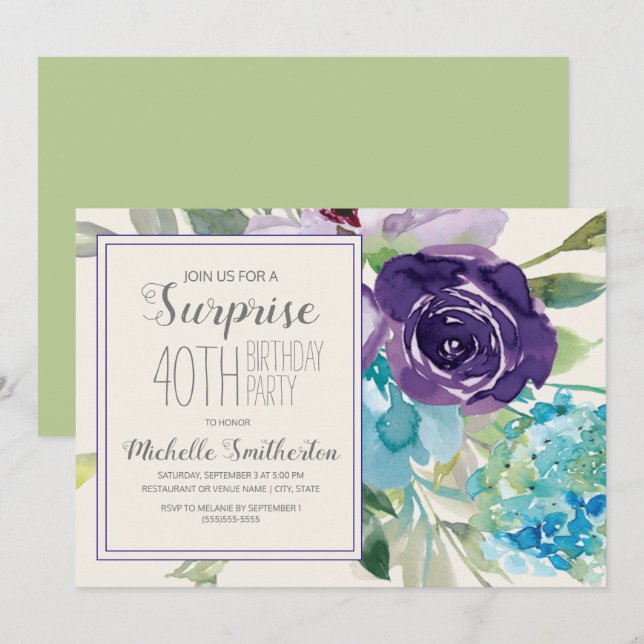 Plum Purple Blue Floral Surprise 40th Birthday Invitation (Front/Back)