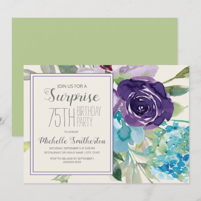 Plum Purple Blue Floral Surprise 75th Birthday Invitation (Front/Back)