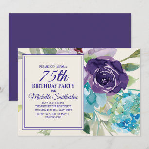 Plum Purple Blue Watercolor Floral 75th Birthday Invitation