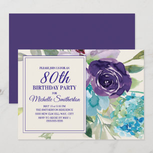 Plum Purple Blue Watercolor Floral 80th Birthday Invitation