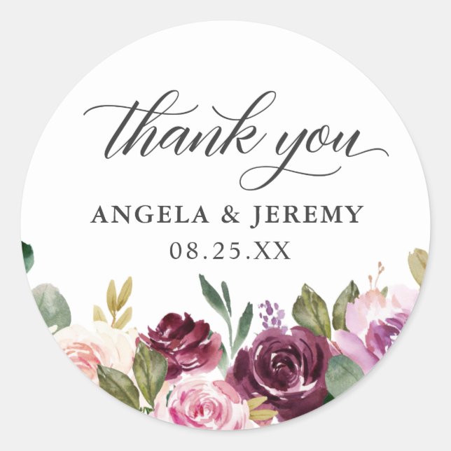 Plum Purple Blush Floral Chic Wedding Thank You Classic Round Sticker (Front)