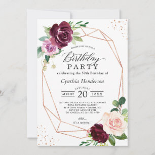 Plum Purple Blush Floral Modern Birthday Party Invitation