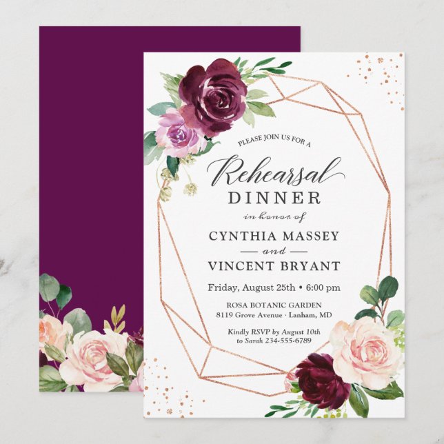 Plum Purple Blush Floral Modern Rehearsal Dinner Invitation (Front/Back)