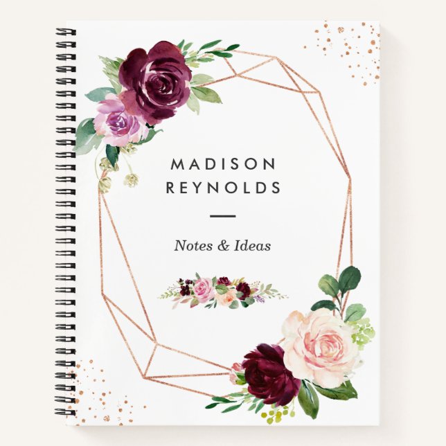 Plum Purple Blush Floral Modern Rose Gold Notebook (Front)