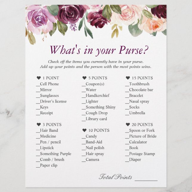 Plum Purple Blush Floral What's In Your Purse Game Flyer (Front)