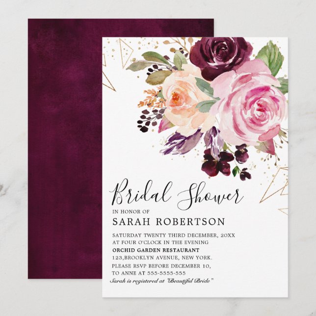 Plum Purple Blush Pink Botanical Bridal Shower Invitation (Front/Back)