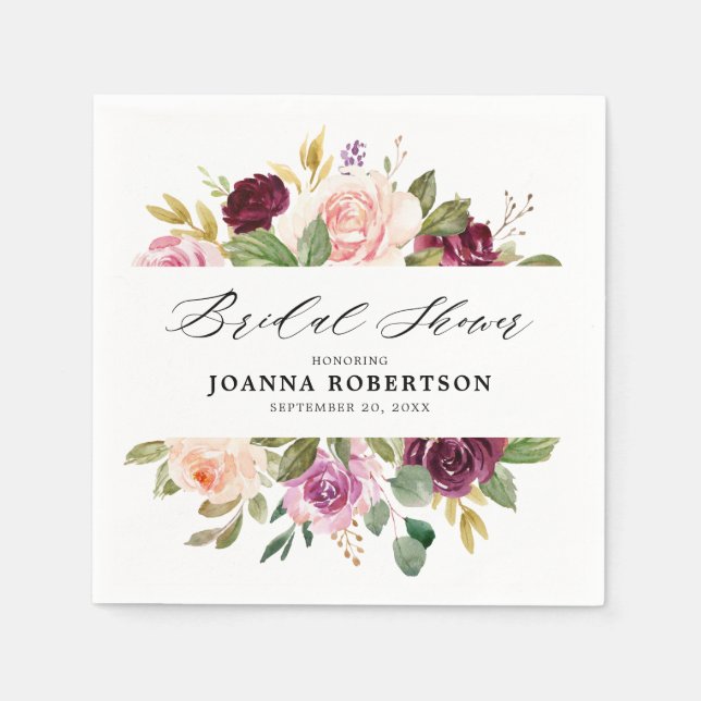 Plum Purple Blush Pink Botanical Bridal Shower Napkin (Front)