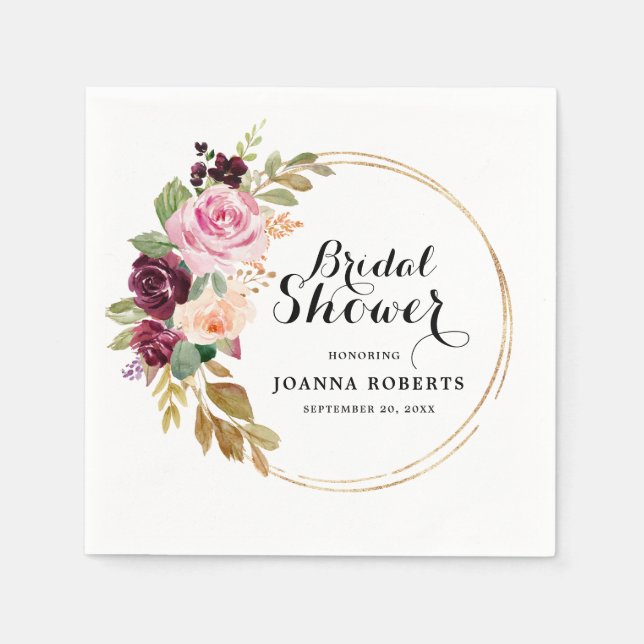 Plum Purple Blush Pink Botanical Bridal Shower Napkin (Front)