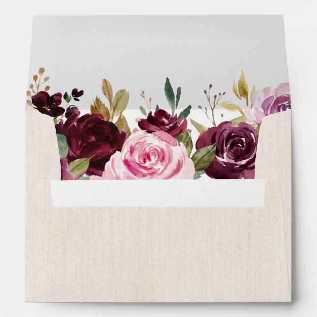 Plum Purple Blush Pink Botanical Floral Wedding Envelope (Back (Bottom))
