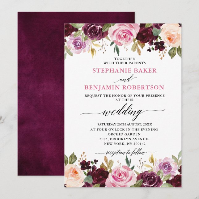 Plum Purple Blush Pink Botanical Floral Wedding Invitation (Front/Back)