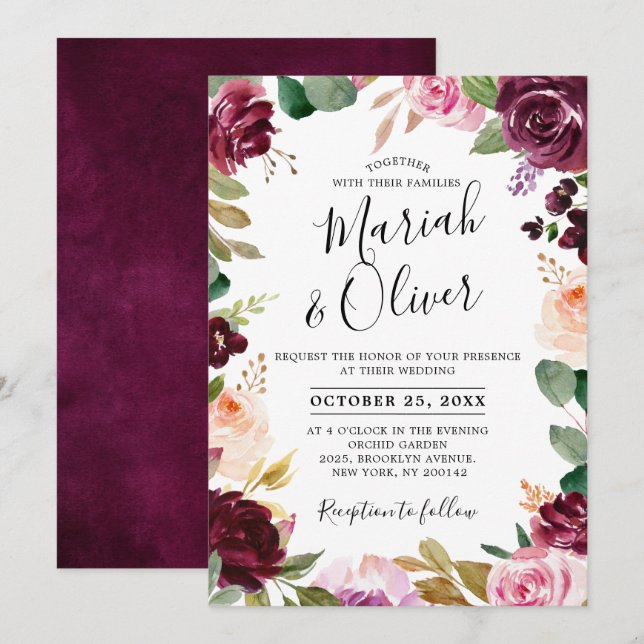 Plum Purple Blush Pink Botanical Floral Wedding Invitation (Front/Back)