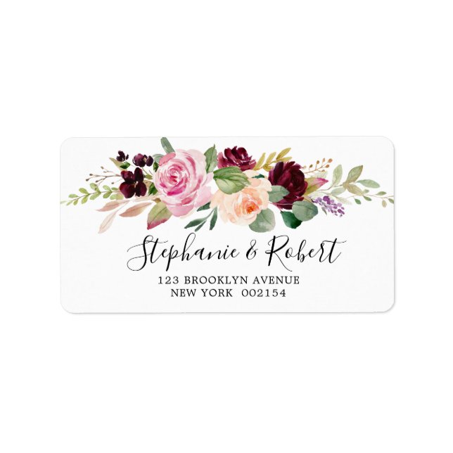 Plum Purple Blush Pink Botanical Floral Wedding Label (Front)