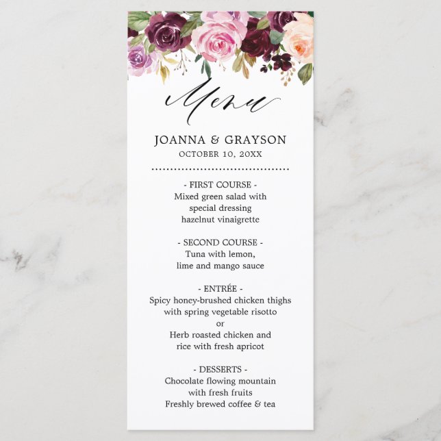 Plum Purple Blush Pink Botanical Floral Wedding Menu (Front)