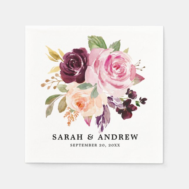 Plum Purple Blush Pink Botanical Floral Wedding Napkin (Front)