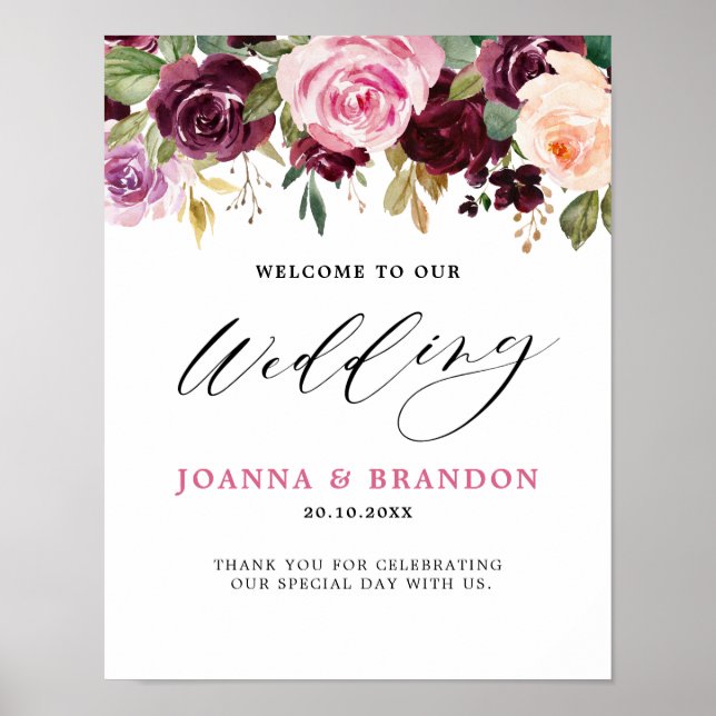 Plum Purple Blush Pink Botanical Floral Wedding Poster (Front)