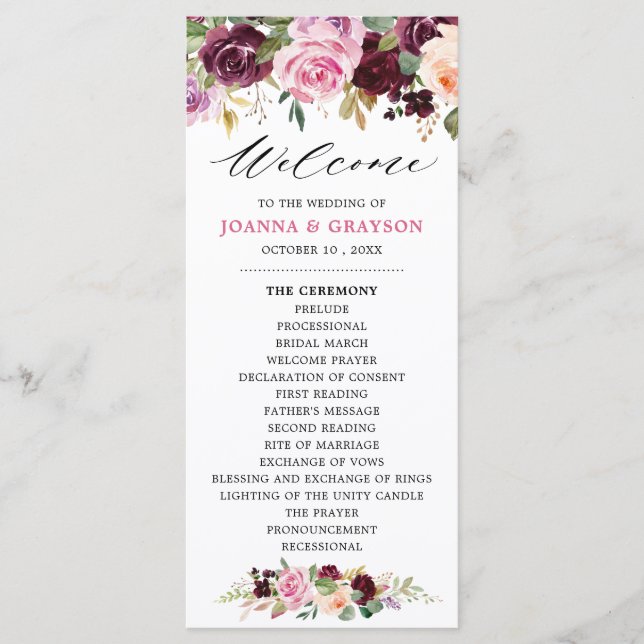 Plum Purple Blush Pink Botanical Floral Wedding Programme (Front)