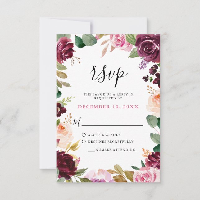 Plum Purple Blush Pink Botanical Floral Wedding RSVP Card (Front)