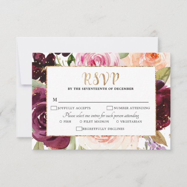 Plum Purple Blush Pink Botanical Floral Wedding RSVP Card (Front)