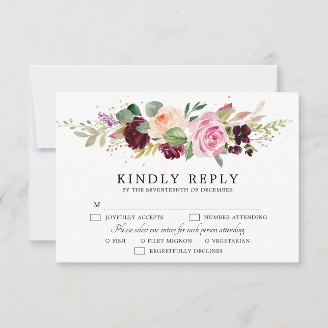 Plum Purple Blush Pink Botanical Floral Wedding RSVP Card (Front)