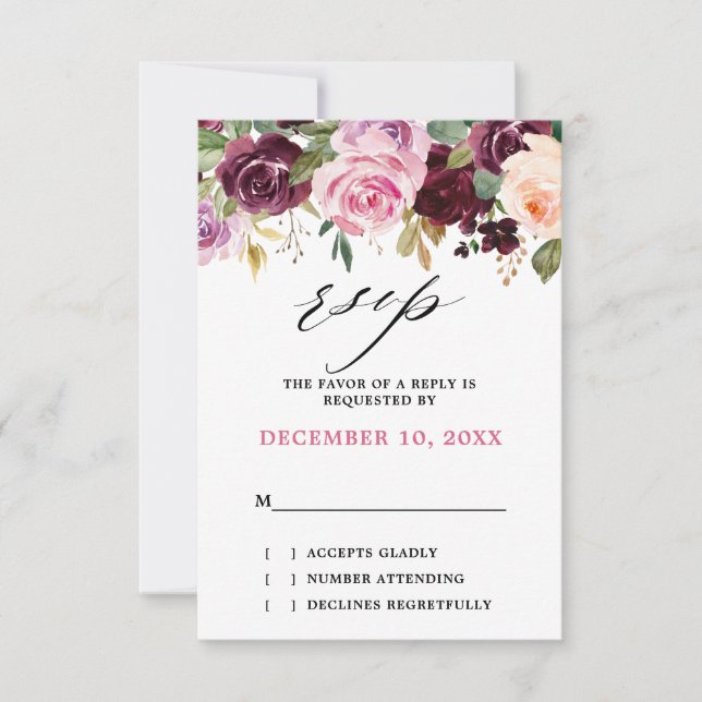Plum Purple Blush Pink Botanical Floral Wedding RSVP Card (Front)