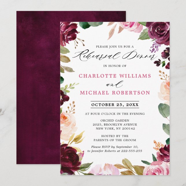 Plum Purple Blush Pink Botanical Rehearsal Dinner Invitation (Front/Back)