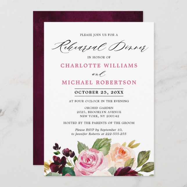 Plum Purple Blush Pink Botanical Rehearsal Dinner Invitation (Front/Back)