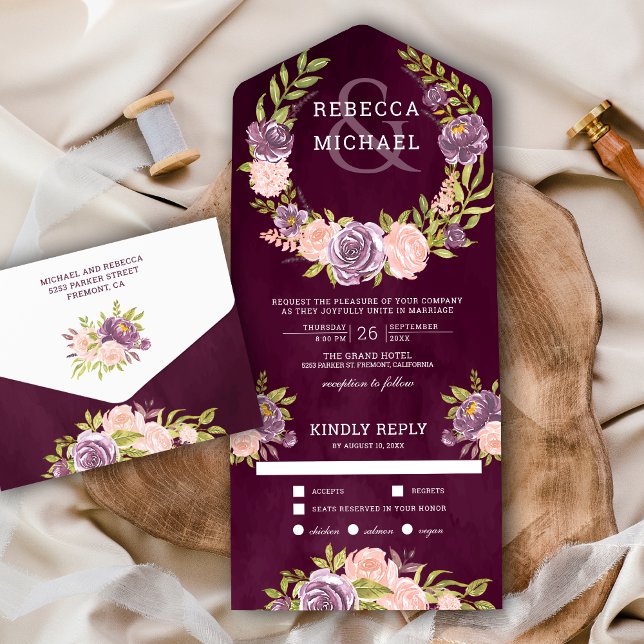 Plum Purple Blush Pink Floral Garland Wedding All In One Invitation (Creator Uploaded)